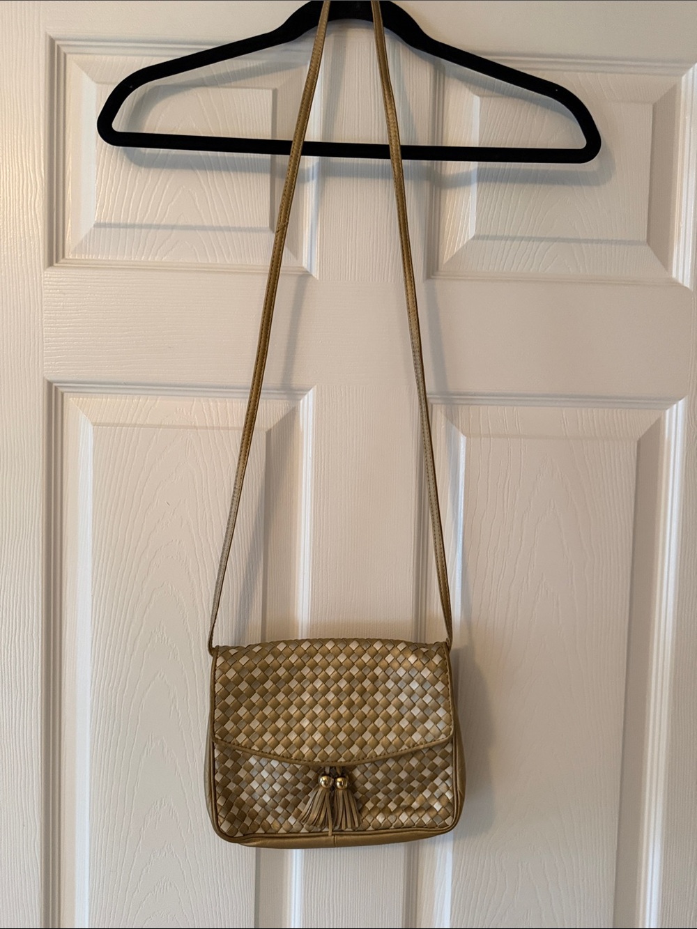 Ganson Woven Metallic Gold Crossbody Bag with Tassel Detail
